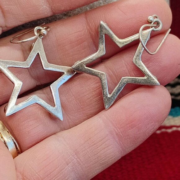 Handmade Stamped Sterling Silver Turquoise Dangle Star Earrings - Picture 5 of 6